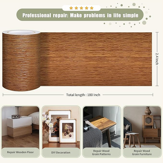 Besezx Wood Grain Tape, 2.4" X15', Self Adhesive Wood Grain Repair Patch for Tables, Chairs, DIY,Baseboards, Doors, Windows, Floors and Furniture Renovation.（Raw Wood Grain）
