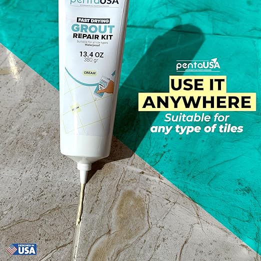 PentaUSA Tile Grout Repair Kit - Ceam Ivory Premixed Acrylic Sanded Grout, Water-Resistant Grout Filler for Bathroom&Shower, Kitchen Floor, Fast Drying, with Applicator, 13.4 oz (380g)