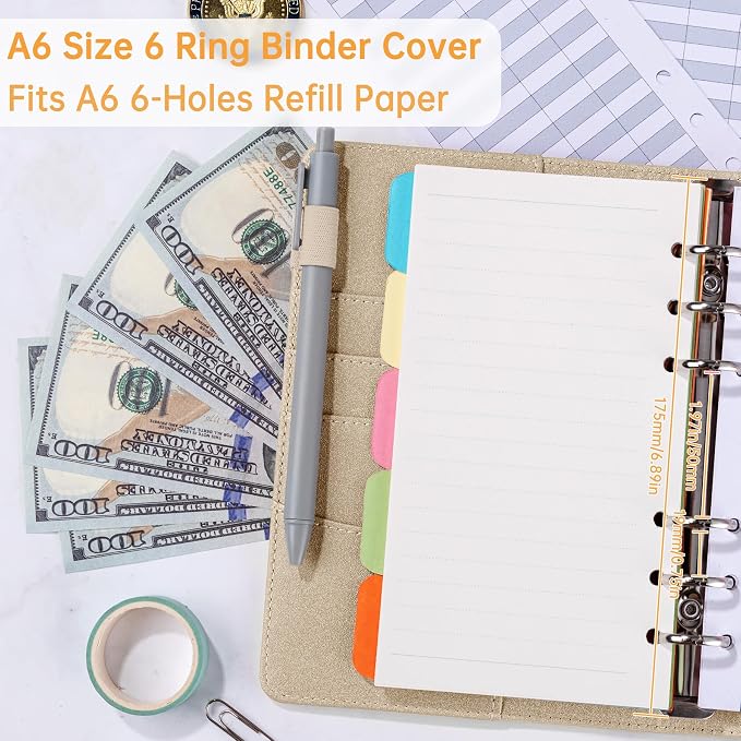 Antner A6 Notebook Binder Refillable 6 Ring Budget Binder Cover for A6 Refill Paper, PU Leather Budget Planner Organizer with Magnetic Buckle, Loose Leaf Personal Planner, Glitter Gold