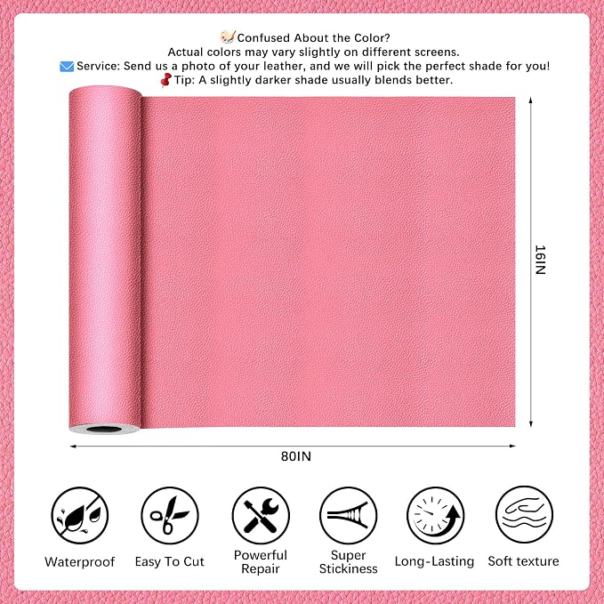 Pink Leather Repair Tape, 16x80 Inch Leather Repair Patch Self-Adhesive, Waterproof Faux Leather Patch, Vinyl Repair Tape for Couch, Sofas, Furniture, Office Chair, Car Seats