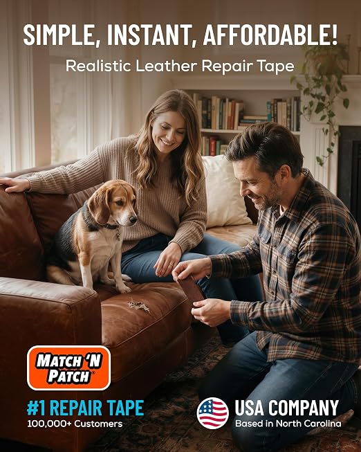 MATCH 'N PATCH Brown Leather Repair Tape, 2.25" x 15' for Furniture | Realistic Faux Leather Patches for Couch, Sofa, Upholstery, Car Seat & Other Furniture, Vinyl Repair Kit, Self Adhesive Patch