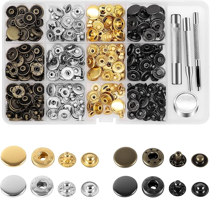 Alritz 15mm Leather Snap Fasteners Kit, 72 Set Metal Button Snaps Press Studs with 4 Setter Tools, 6 Colors Leather Snaps for Clothes, Jackets, Jeans Wears, Bracelets, Bags