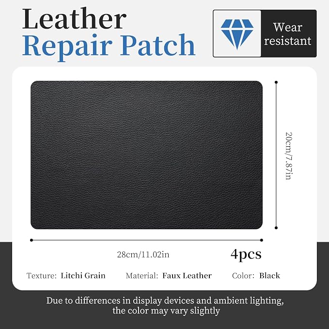 4 Pcs Leather Repair Patch Tape Self-Adhesive, 8x11In Heavy Duty Vinyl Patch, Leather Repair Kit for Furniture, Sofa, Couch, Office Chair, Car Seat, Car Interior(Black)