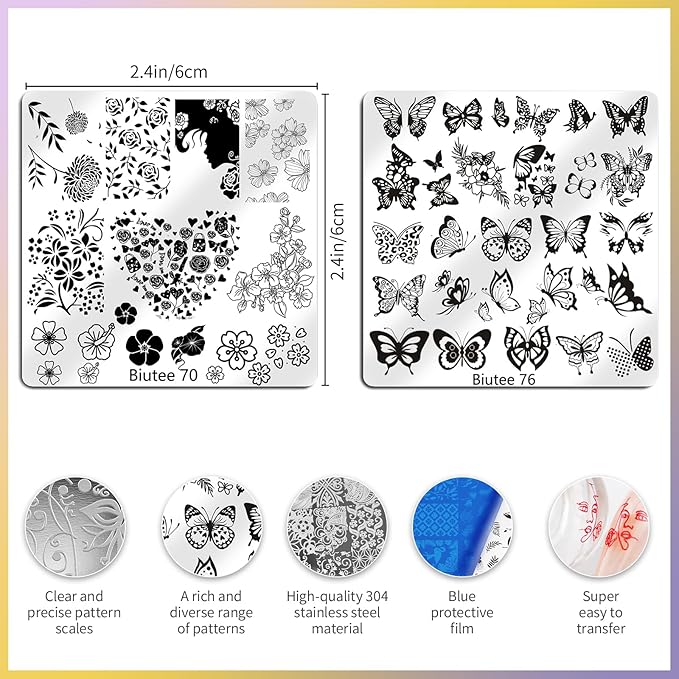 Biutee 16PCS Nail Stamping Plates Nail Stamper Kit with Nail Stamper, Scraper & Storage Bag, Nail Stamping Kit Nail Art Stamping Plates with Butterfly Flower Leaf Bowknot Design for DIY Nail Art