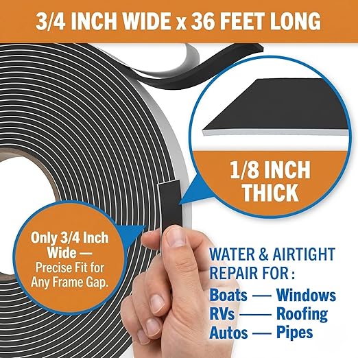 Better Boat Butyl Tape for RV Roof and Boat, 36 Feet Black Putty Window Sealant Tape, Waterproof Weather Resistant, 3/4 Inch Wide x 1/8 Inch Thick