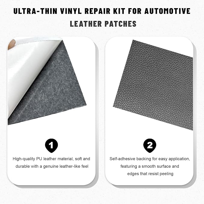 2 PCS Leather Repair Patch Tape, 4×8 Inch Waterproof PU Leather Tape Auto Upholstery Repair Patches, Self-Adhesive Cuttable Patch for Repairing Car Seats Sofas Chairs (Gray)