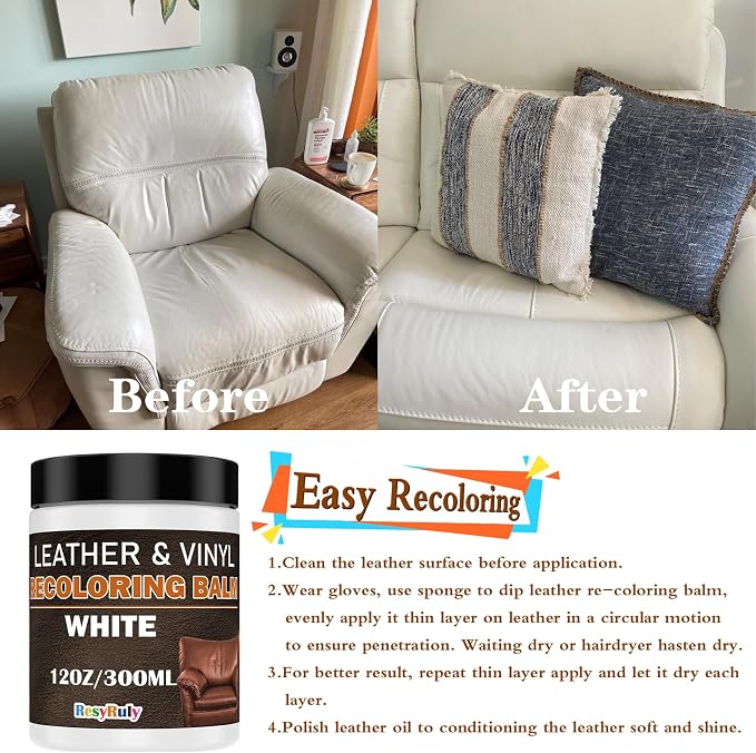 White Leather Repair Kit White Leather Dye Vinyl Paint Cream Purse Boat Seat Scratch Remover Couch Chair Car Interior Color Restorer Shoes Furniture Fade Scuff Stain Ink Mark Cover Recoloring Balm