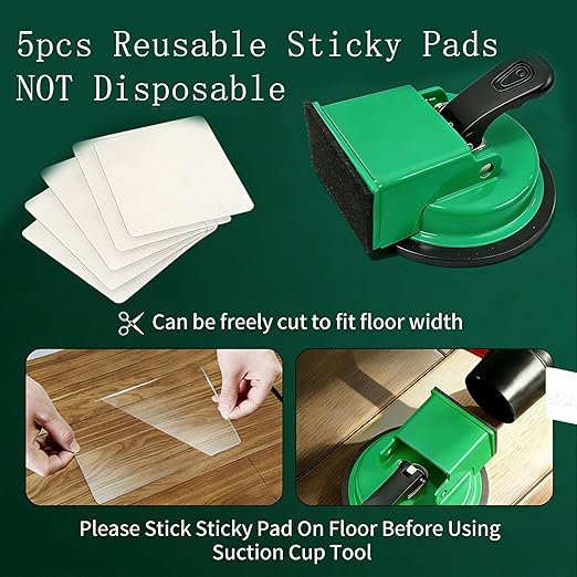 Floor Gap Fixer Tool with Vacuum Suction Cup, Heavy Duty Gap Repair Tool with 4 Reusable Sticky Pads for Laminate, Hardwood, Tile & PVC Floors (Green)
