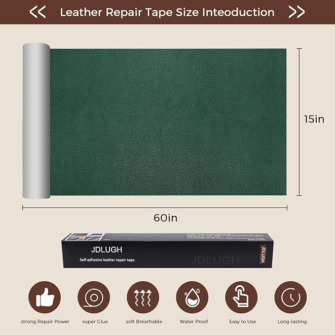 JDLUGH Sofa Leather Repair Patch Tape, Large Self Adhesive Couch, Car Seat, Office Chair, Leather Furniture, Vinyl Repair Patch Kit for Furniture (15x60 Inch, Green)