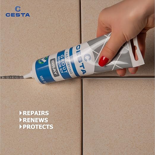 CESTA Tile Grout Repair Kit Squeeze Tube, Fast Drying, Waterproof Tile Grout Paint to Restore & Renew Tile Joints Line for Bathroom, Kitchen, Shower & Floor Tile (Grey, 8.8 oz)