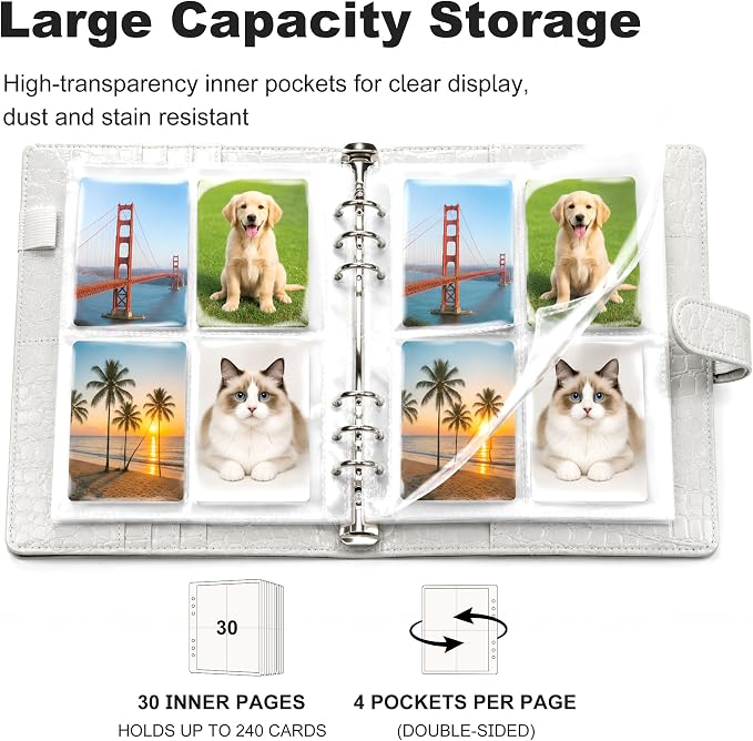 Convend A5 Kpop Photocard Binder,6 Ring Refillable Binder Album with 240 Card Slots,PU Leather Cover,Magnetic Closure for K-pop Photocards,Trading Cards,Game Cards,White Croc Textured
