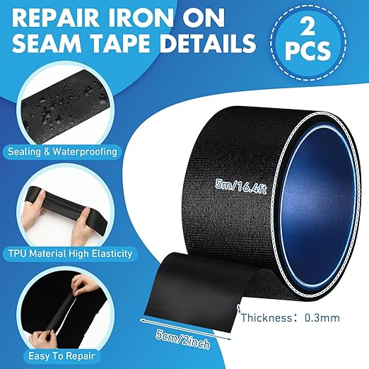 VioraWhite 2 Rolls Wetsuit Repair Iron on Seam Tape 2 Inch 16.4 ft Waterproof Sealing Patch for Neoprene Wetsuit Drysuit Fishing Suits Industrial Standard Carrier Material Black Color