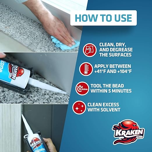 Kraken Bond Clear Silicone Sealant Waterproof% 100-10 fl oz Cartridge - RTV Silicone Caulk Kitchen and Bathroom, All Purpose, Window Caulking Sealant Outdoor, RV, Exterior Use Silicon - 1 Pack