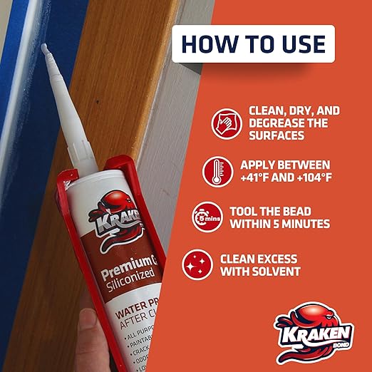 Kraken Bond Premium All Purpose Acrylic Latex Caulk - (1x10.1 fl. oz.) White Paintable Interior and Exterior Window Caulk, Baseboard, Trim, Kitchen and Bathroom - Waterproof, Odorless - 1 Pack