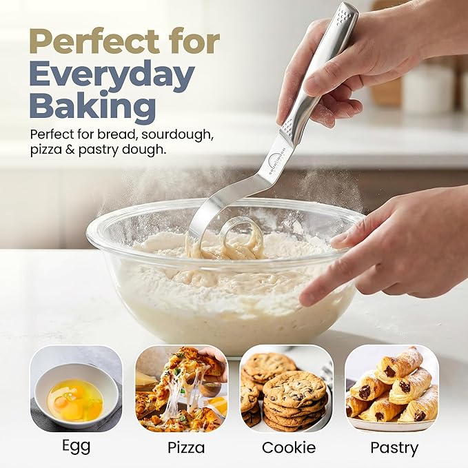 Seamless Dough Whisk, Stainless Steel Danish Dough Wisk, 9" Bread Whisk for Sourdough, Cookies, Pizza, Pastry, Dishwasher Safe Dough Hook