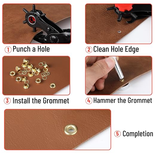 UNCO- Leather Hole Punch Tool Set, Red Handle, Multi Punch Sizes, Belt Hole Puncher for Leather, Belts, Straps, Pet Collars, Shoes, Saddles, Canvas & DIY Crafts, with Grommet Eyelet Kit 100 Set