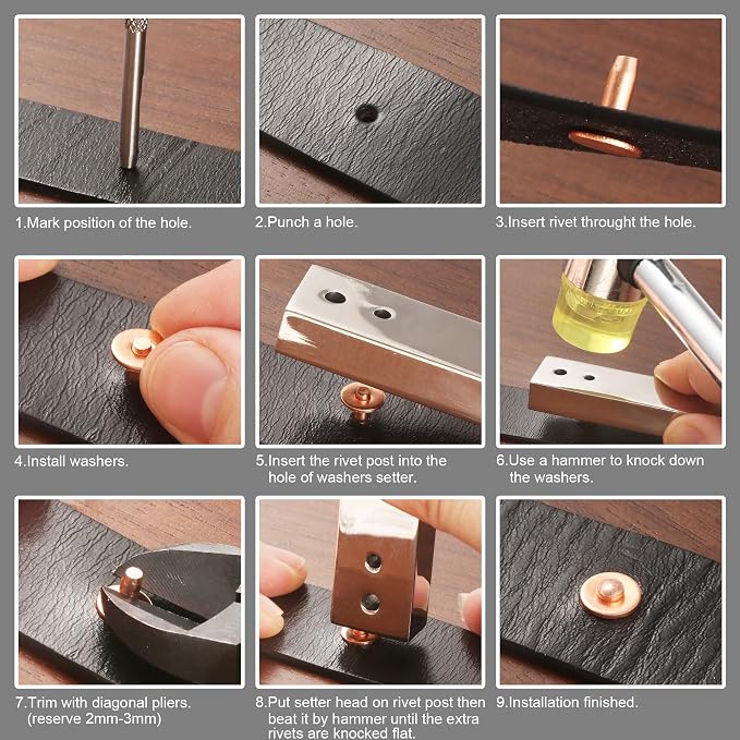 Notgia 50Sets Copper Rivets Assorted Leather Rivet Kit for Leather Working Brass Rivets with Solid Rivet Tool Setter for Repair and Decorate Belts Handbags Wallets Collars Shoes Clothing Bracelets