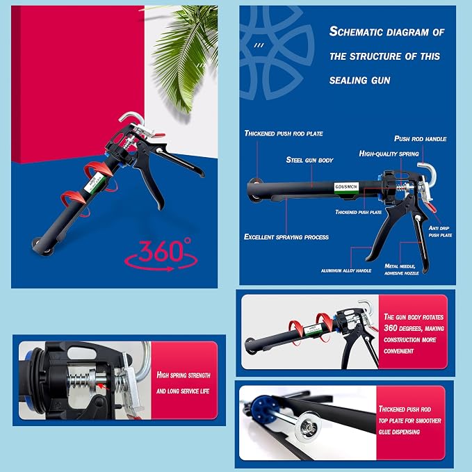 Caulking Tool Gun, Caulking Gun,Drive Stainless Steel Barrel Effort-saving with bearings,for Glass Window Bathroom Kitchen Installation