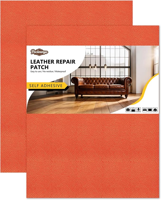 2 Pcs Orange Leather Repair Tape, 8x12 Inch Leather Repair Patch Self-Adhesive, Waterproof Faux Leather Patch, Vinyl Repair Tape for Couch, Sofas, Furniture, Office Chair, Car Seats