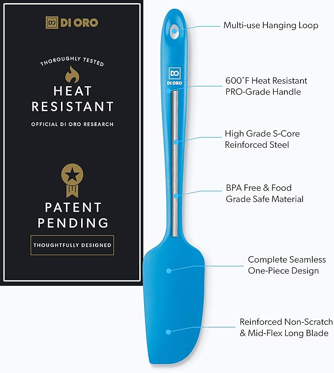 DI ORO Mini Spatula - Small Spatulas Silicone Heat-Resistant up to 600°F - Silicone Kitchen Scraper for Baking & Cooking BPA Free - Mixing Spatula Dishwasher Safe - Nonstick Cookware Safe (Blue)