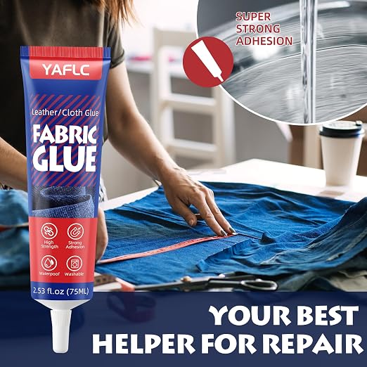 YAFLC Fabric Glue Permanent, Fabric Glue for Patch, Clear Fabrics Adhesive for Clothing Permanent Washable for All Cotton, Denim, Flannel, Polyester 2 x 75 ml