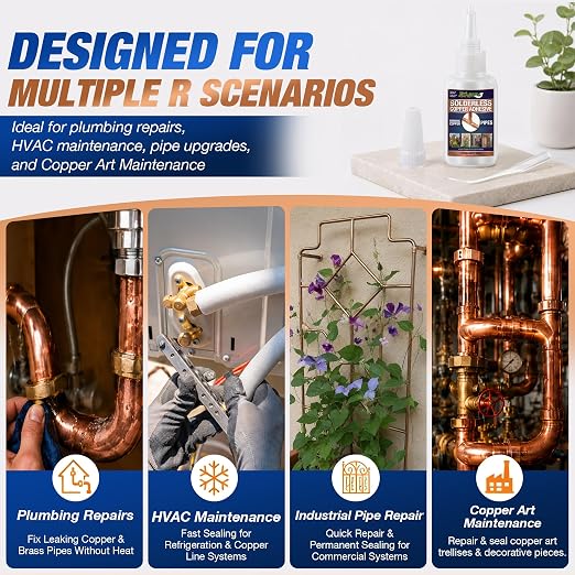 50ml Copper Soldering Kit, No Heat Liquid Solder for Copper Pipe w/Precision Nozzle, Instant Leak Repair Plumbing Solder for Copper&Brass, Up to 500 PSI,-60°F to +300°F,Bonding Solution for Pipe&HVAC