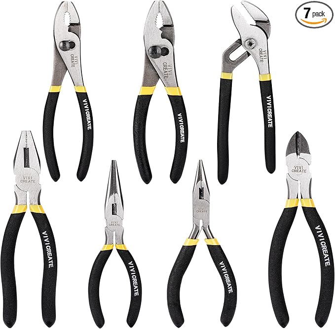 Vivicreate 7 Piece Pliers Set Heavy Duty Hand Tool Set with 8 Inch Groove Joint 8 Inch and 6 Inch Slip Joint 7 Inch Linesman 6 Inch Diagonal and Long Nose Pliers for Home Garage DIY Repair