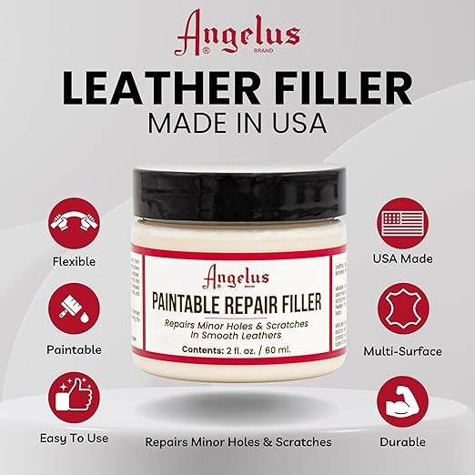 Angelus Leather Filler for Filling or Repairing Holes, Tears, Cracks, Scratches, for Leather Car Seats, Furniture, Shoes - Flexible | Made in USA - 2 fl oz