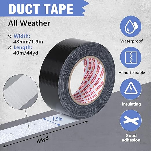 3 Pack Duct Tape 1.89In × 132Yd Total Heavy Duty Waterproof Tape, 8.26Mil All-Weather Adhesive Repair Duct Tape for Indoor Outdoor Repair Fixation Reinforcement Sealing(Black Silver White)