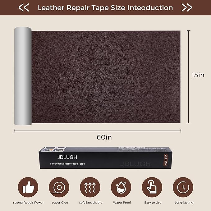 JDLUGH Sofa Leather Repair Patch Tape, Large Self Adhesive Couch, Car Seat, Office Chair, Leather Furniture, Vinyl Repair Patch Kit for Furniture (15x60 Inch, Brownish Brown)