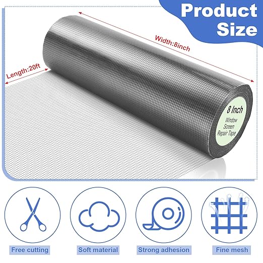 CroBlissful Extra Wide 8 inch x 20 ft Window Screen Tape Mesh Repair Strong Adhesive Waterproof Fiberglass Screen Repair Kit Patch for Window Door Tears Holes(Gray)