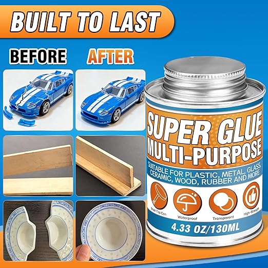 Super Glue with Brush (130ml) - All Purpose Strong Clear Adhesive, Waterproof Superglue Multi-Purpose Glue Gel for Wood, Ceramic, Glass, Leather, Plastic, Rubber, DIY Crafts & Industrial Repairs
