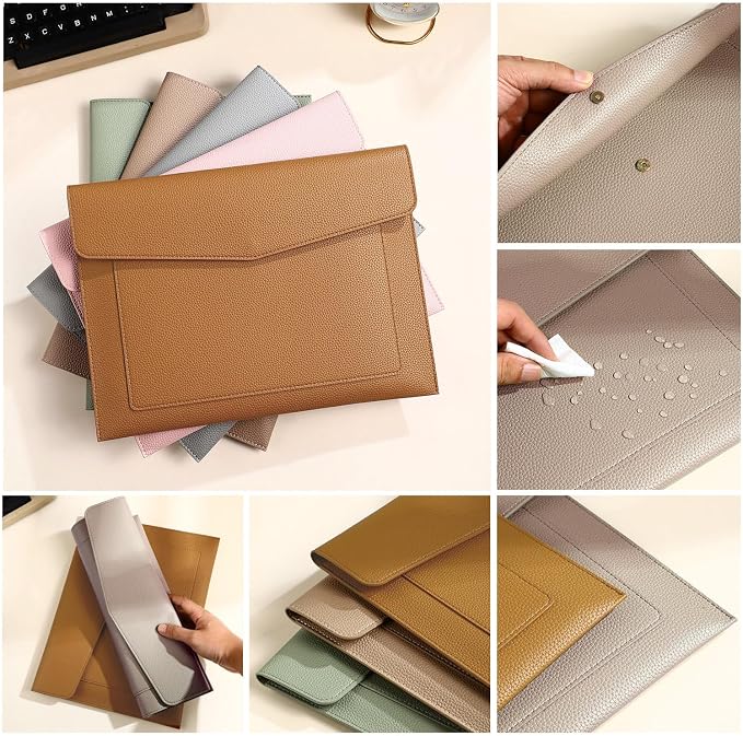 A4 Large Capacity Document Bag, Premium PU Leather File Holder, Multi-Color, Double-Layer Design, 13.39 x 10.04 Inches (Apricot)