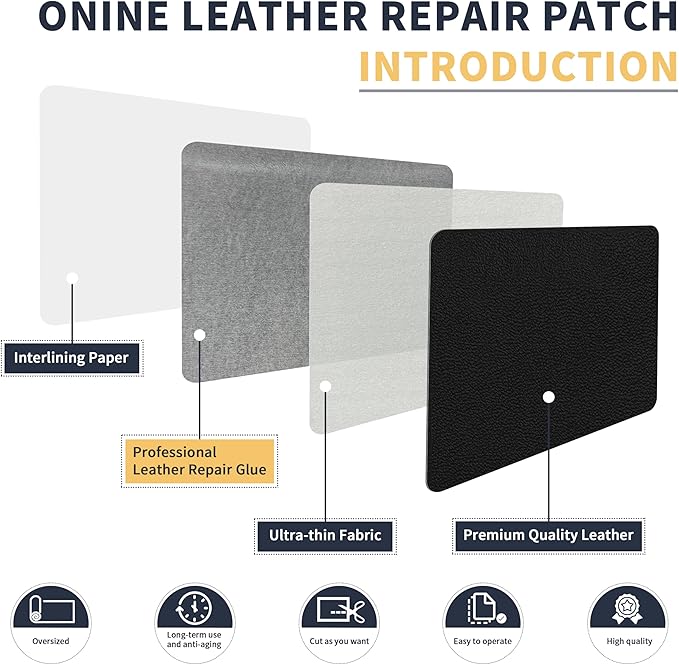 ONine Leather Repair Patch，Leather Repair Tape, 16 x 90 inches Leather Repair Patch for Furniture,Vinyl Repair Kit，Leather Couch Patch，for Sofas, Furniture, Car Seats(Black-Fine Grain)