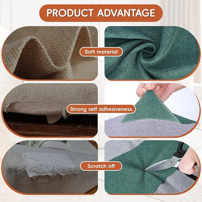 Linen Fabric Repair Tape 4x79 Inch, Self Adhesive Couch Patch Repair Fabric Tape for Furniture, Linen Patch Kit for Couch, Carpet, Upholstery, Chair, Sofa, Pillows, Bag (Coarse, Green)