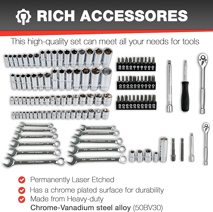 EACELIY 122Pcs 1/4" & 3/8” Drive Impact Socket Set, Ratchet Socket Wrench Set with Extention Bar, Adapter, Screw Bits,Drive Bit Holder, Spark Plug Socket,CR-V