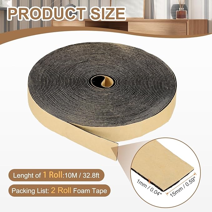 PATIKIL Foam Insulation Tape, 2Pcs 5/8" W x 1/16" t x 32.8FT Self Adhesive Weather Stripping Door Seal Strip for Door Window Air Conditioning, Black
