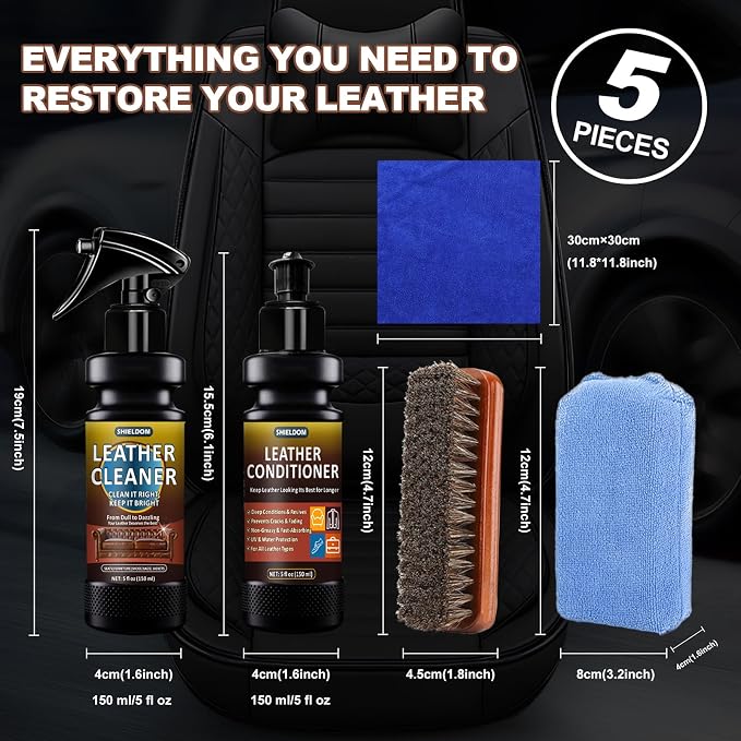 SHIELDOM Leather Cleaner and Conditioner Kit, Leather Care Cleaning Detailing Safely Cleans & Conditions Leather Car Interiors, Shoes, Bags & More - UV Protection Prevent Cracking & Fading - 5 Items