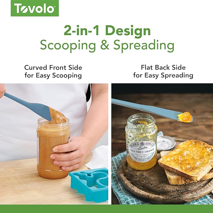 Tovolo Silicone Jar Spatula Long Handled Rubber Scraping Scooping Tool for Peanut Butter Jam Jelly Jars Blenders, Extra Long Flex Core Silicone Jar Scraper Dishwasher Safe BPA Free, Blue Slate