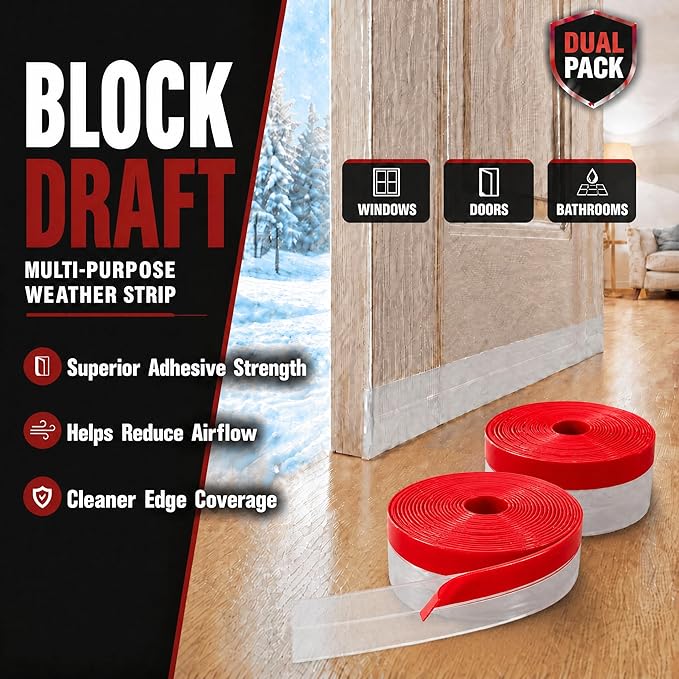 Clear Weather Stripping Tape - Door Draft Stopper Under Door Seal Strip | Window Insulation Silicone Adhesive Tape, Heavy Duty Bottom Stripping, 10M (33Ft) Total, 2-Pack