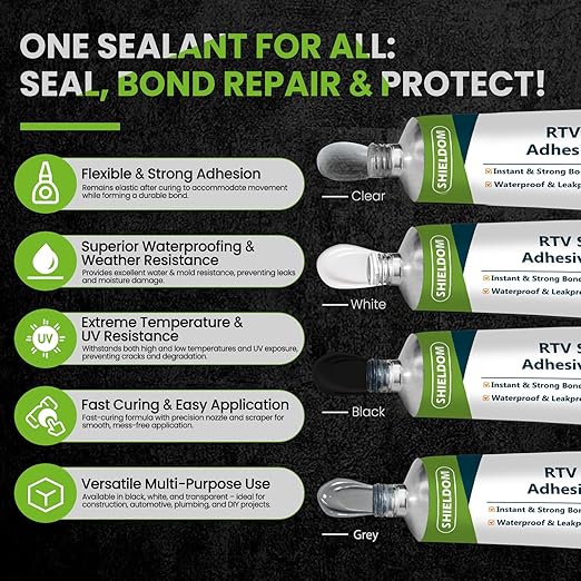 SHIELDOM RTV Silicone Adhesive Sealant 100% Silicone Sealer All-Purpose Caulk Waterproof Stronger Adhesion, Shrink & Crack Proof Caulking for Car, Kitchen, Window, Bathroom, Door (Clear, 3.4 Fl. Oz.)
