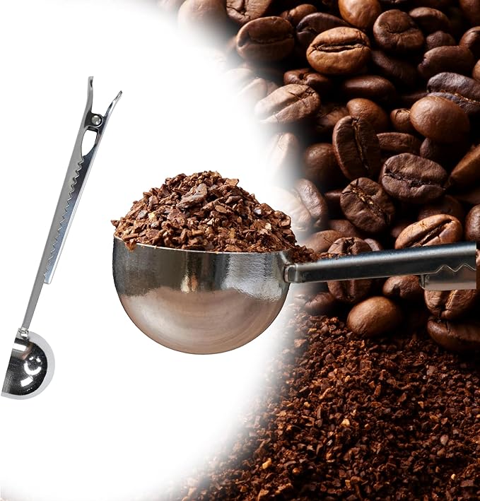 R&M Stainless Steel Coffee Scoop with Coffee Bag Clip, Multipurpose Spoon with Closure Clip, Measuring Spoon
