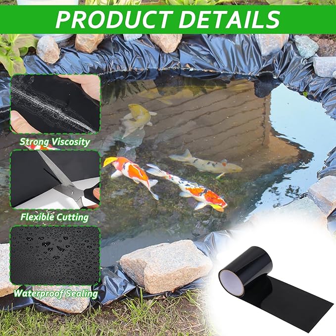 60”x 4” Pond Liner Seam Tape Single Sided PVC Waterproof Adhesive Tape for EPDM Liners Waterproof Pond Repair Kit Thickened Peel and Stick Seam Tape for Outdoor Roof Garden Cover Patch Repair