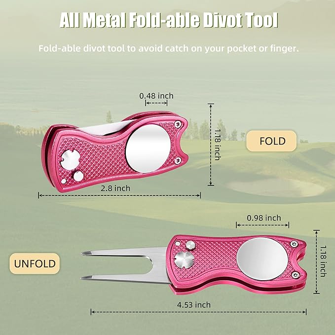 Mile High Life Golf Divot Repair Tool, All Metal Foldable Divot Tool with Pop-up Button & Magnetic Ball Marker, 2-6 Pack