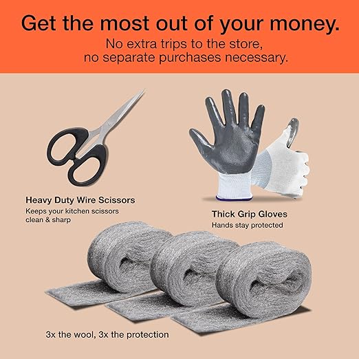 MaPorch 3-Roll Steel Wool Mice Control Kit - Unchewable Gap Filler for Doors, Pipes, Weep Holes and Baseboards - 2.5 in x 7.5 ft - Grade 4 Thick Excluder Mesh for Rodents with Gloves and Scissors