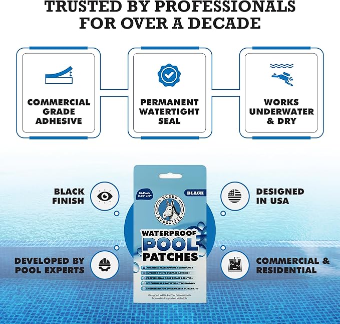 Burro Adhesives 10-Pack Waterproof Black Pool Patches - Professional Grade PVC Repair Kit with 2.75" x 4" Heavy Duty Patches for Commercial & Residential Vinyl Liner Pools, Works Underwater & Dry