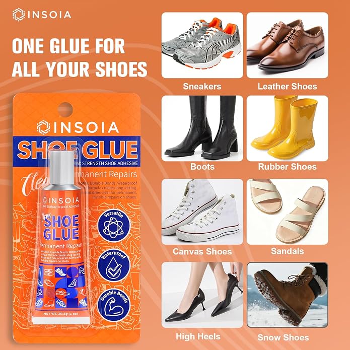 INSOIA Shoe Glue Sole Repair Kit 29.5 MLx 2, Heavy Duty Clear Shoe Adhesive, Waterproof, Flexible, for Sneakers, Boots, Leather, Rubber, Canvas, heel, Patch and More - Cement Dries Within 24 Hrs