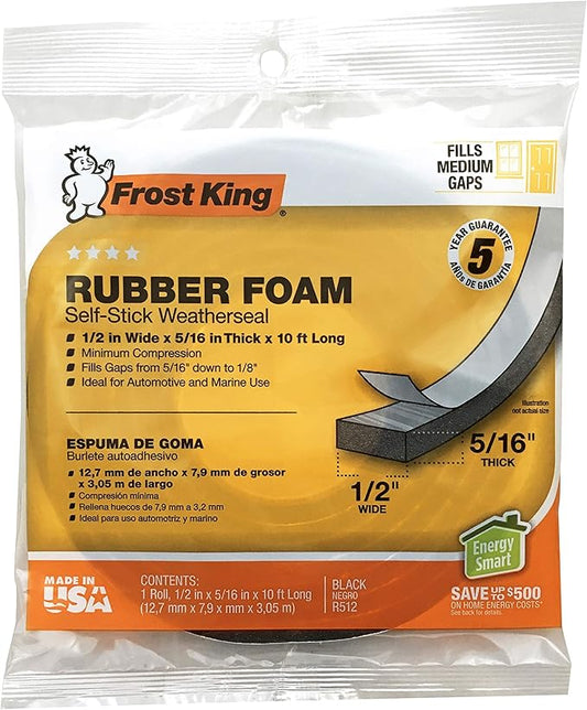 Frost King P Self-Stick Rubber Foam Weatherseal, 1/2" W, 5/16" T, 10 ft L, Black