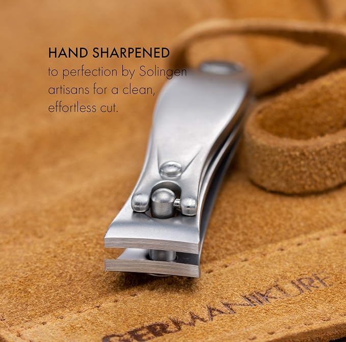 GERMANIKURE 5pc Manicure Set with Mustache Scissors in Light Gray Suede Case - Made in Germany, FINOX Stainless Steel Tools – Professional Mens Grooming Kit