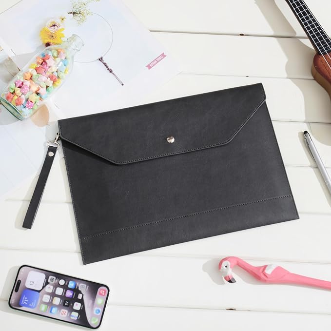 Wonderpool Envelope Case A4 PU Leather File Jacket Pocket Folder Document Case Bag with Removable Hand Strap and 4 Pocket for Documents Tablet Phone Stationery (Dark Gray)